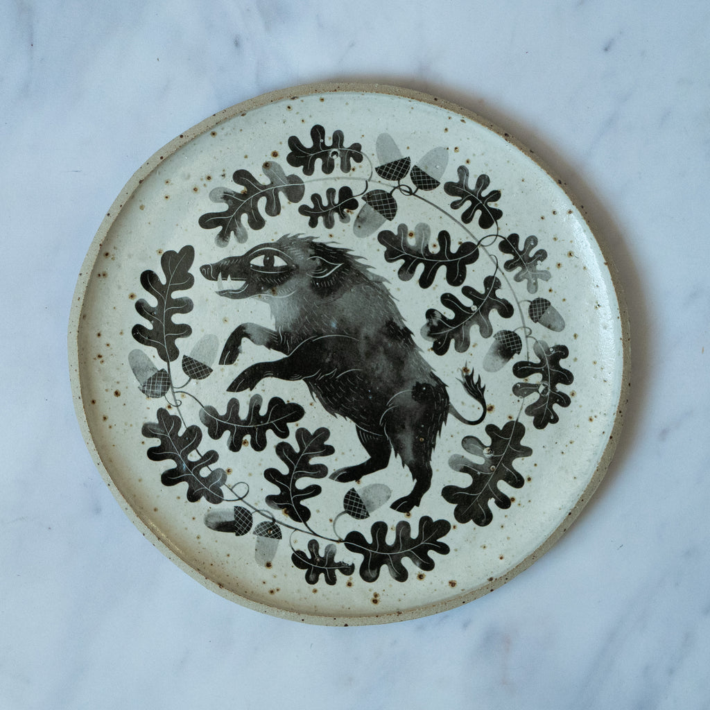 WILD BOAR & OAK LEAVES CERAMIC PLATE